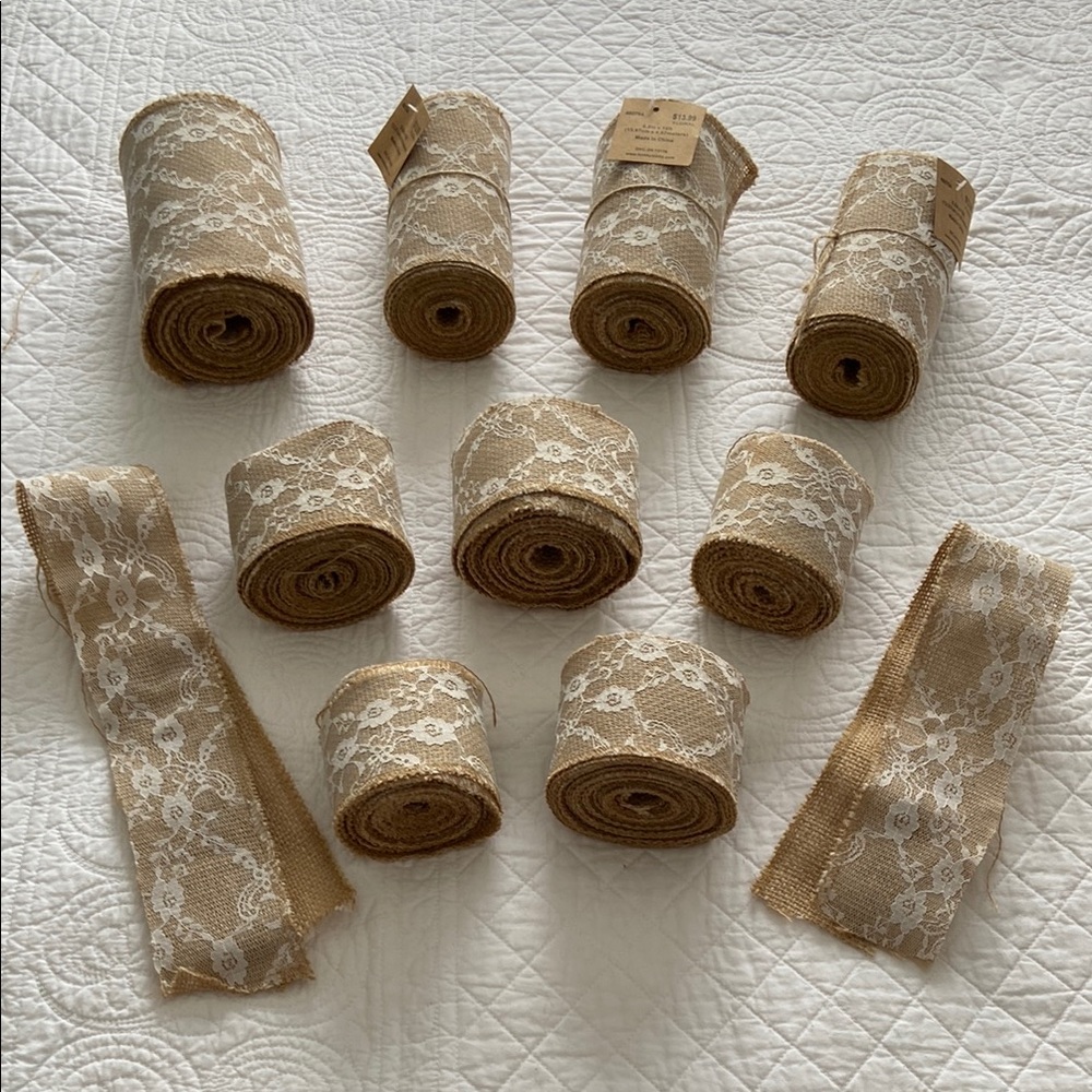 Hobby Lobby Burlap Lace Ribbon Lot 9 Rolls Tan White NEW